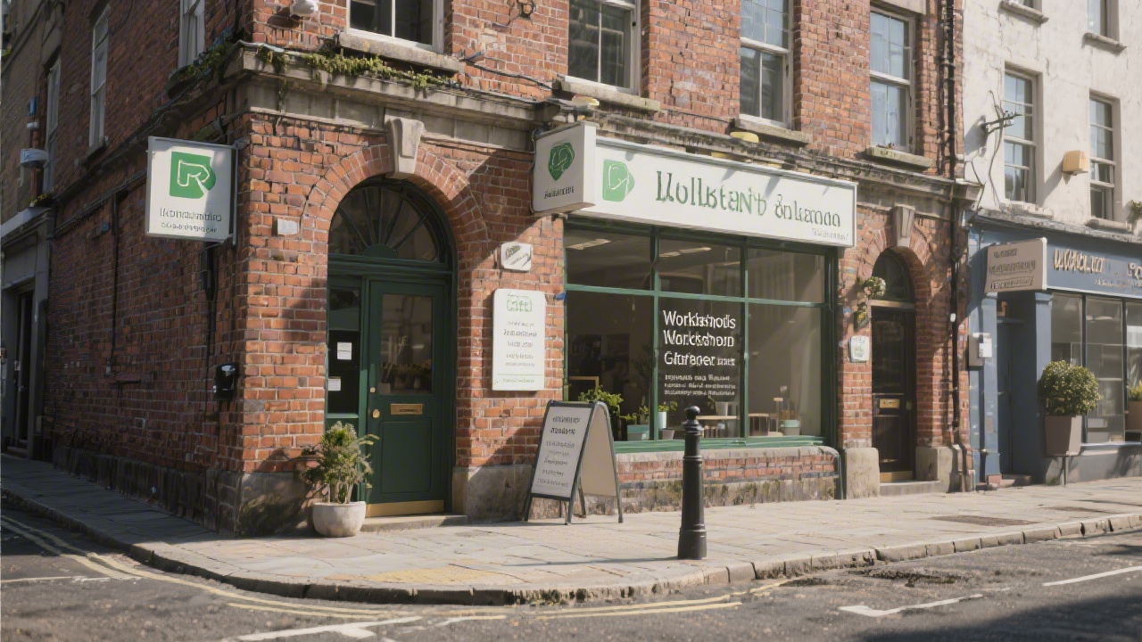 Street view of central Dublin with historic brick buildings and a modern coworking entrance, reflecting the local setting of the workshops.