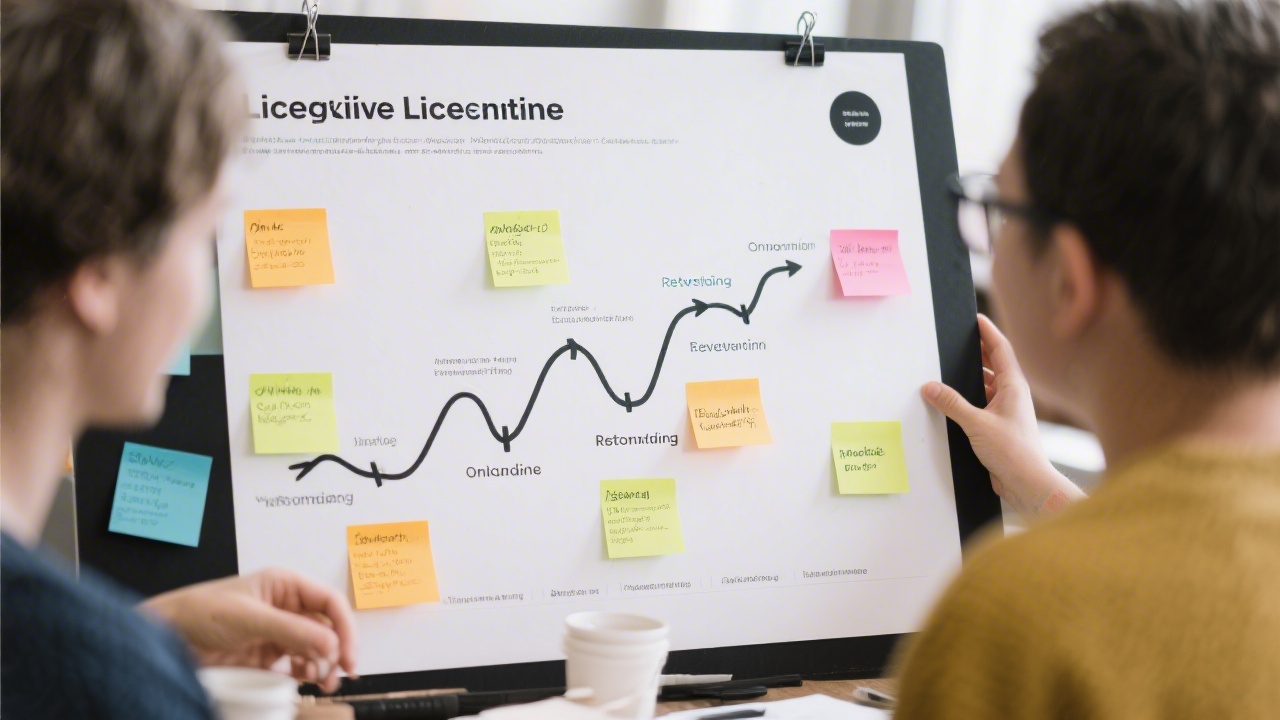 Printed lifecycle map showing stages from onboarding to retention with sticky notes and arrows, used as a planning tool during workshops.