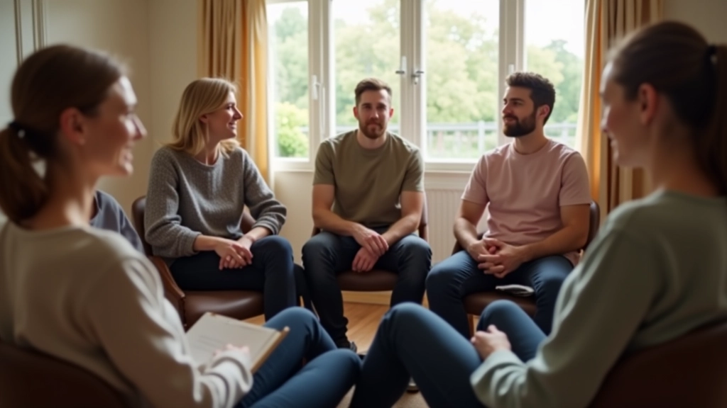 People sitting together in circle during a gratitude workshop, warm lighting, focused expressions, comfortable seating arrangement