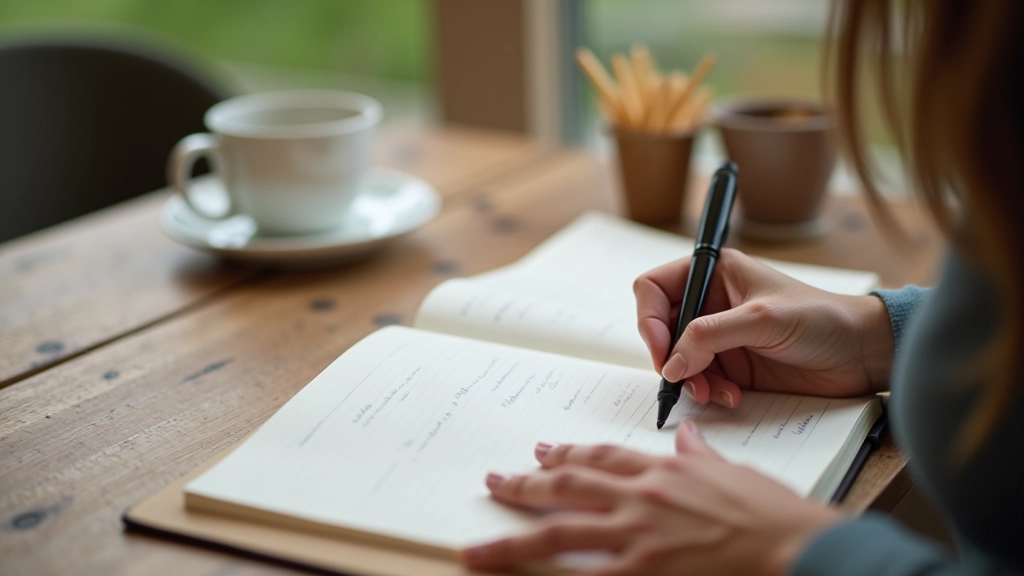 Hands writing in journal at wooden table with morning coffee, peaceful morning light through window