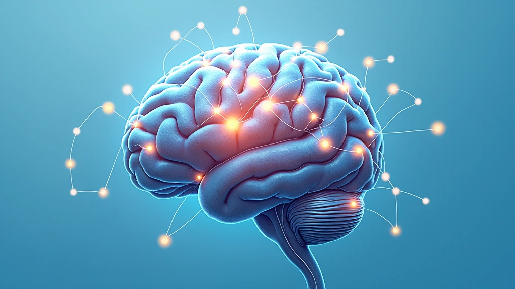Brain illustration with highlighted neural pathways, concept of neural plasticity, light background, scientific visualization style