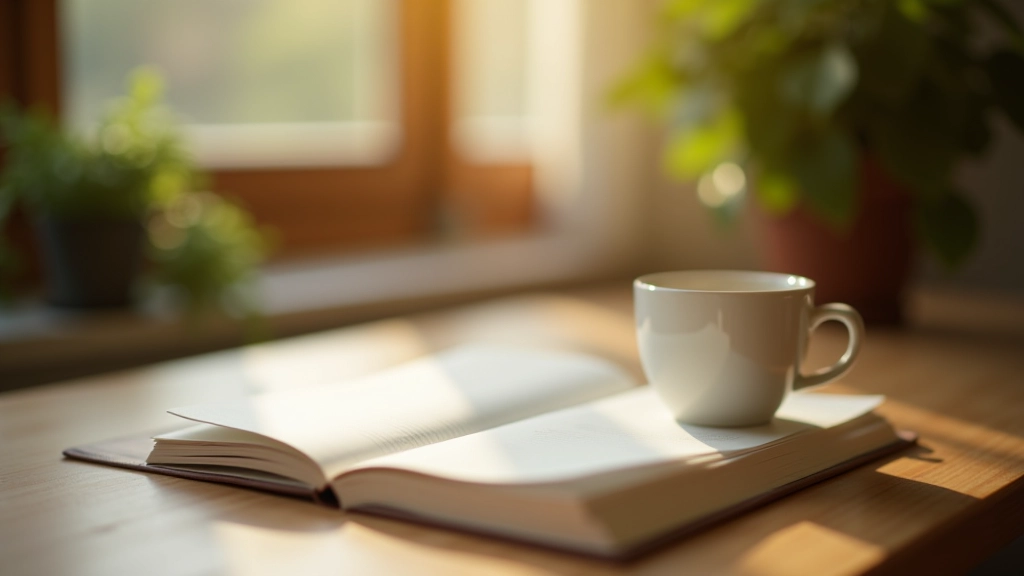 Morning coffee with gratitude journal beside it, natural window light streaming in