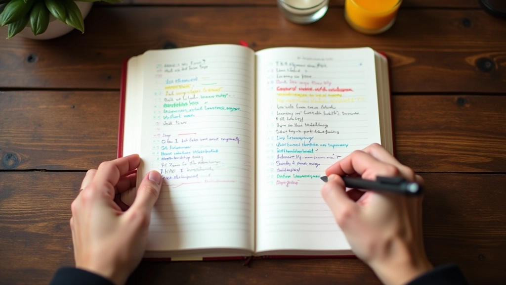 Hands holding open journal with colorful pen marks and dated entries, showing progression over time, warm lighting, close-up detail