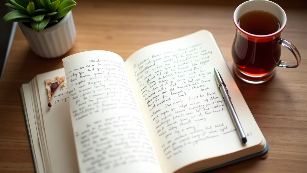 Journal pages spread open showing daily gratitude entries over weeks, visible progress and notes accumulating, bookmarked pages
