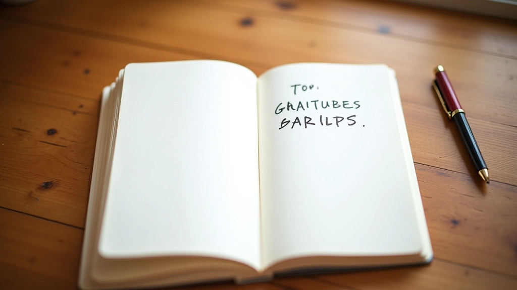 Notebook open on table with handwritten gratitude observations, pen resting on page, natural light illuminating the writing
