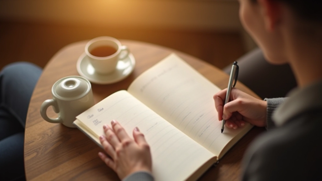 Close-up of hands writing in a journal during a gratitude workshop