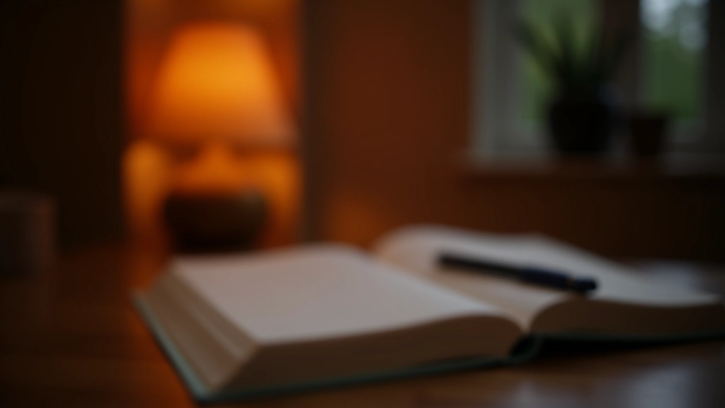 Peaceful evening moment with notebook and warm lighting, person reflecting in quiet space