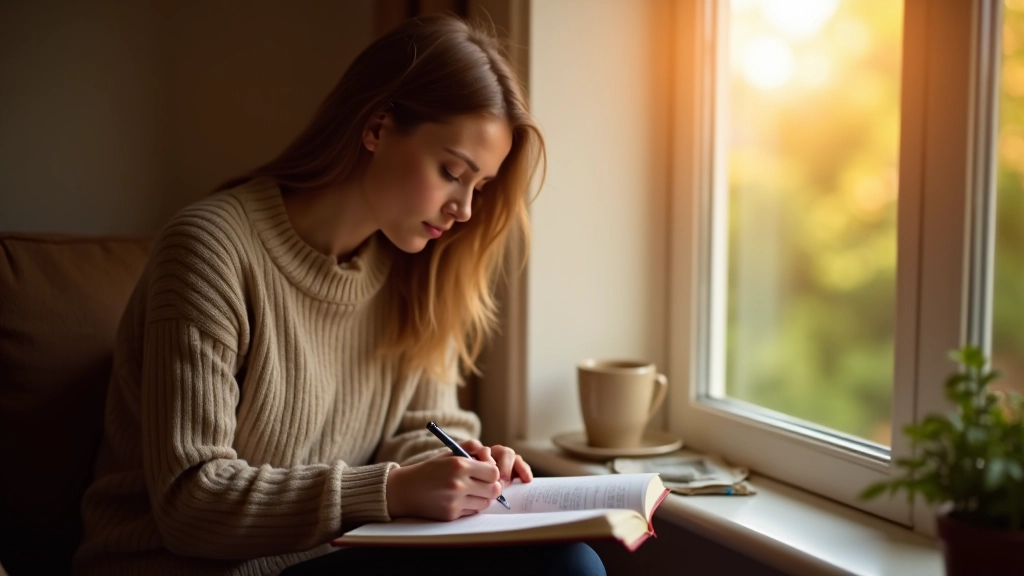 Person writing in gratitude journal by a window with natural light, warm cup of tea beside the notebook, peaceful home setting