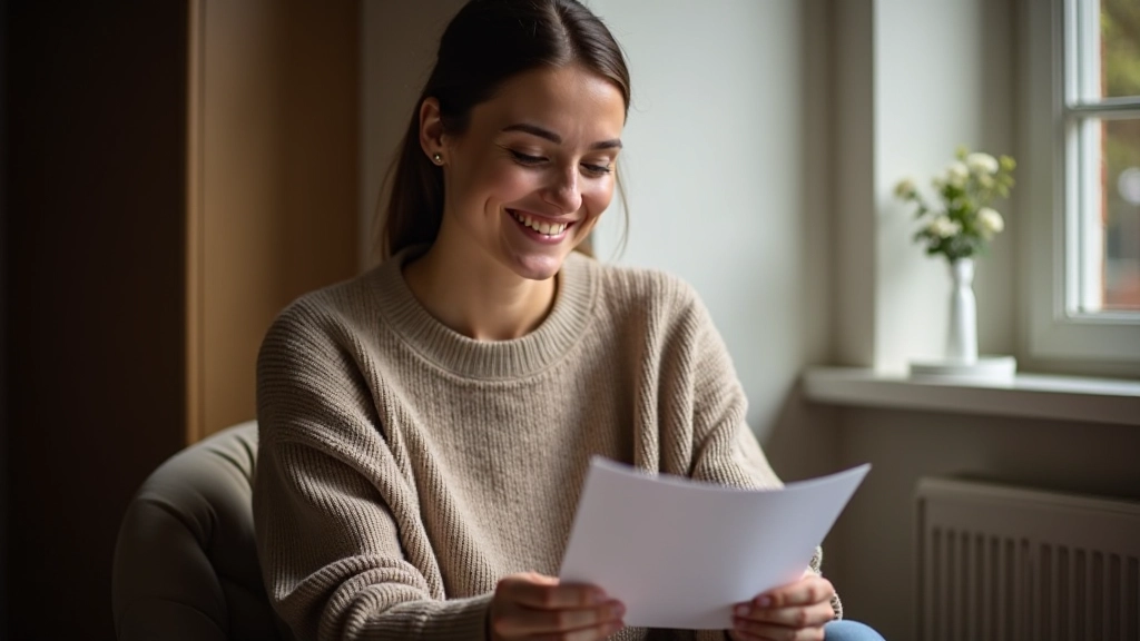 Person reading handwritten note with gentle smile, sitting by window with natural light, warm cozy setting