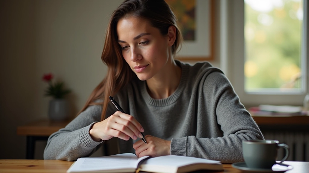 Person writing in journal with coffee nearby, morning light from window, focused expression, peaceful workspace setting