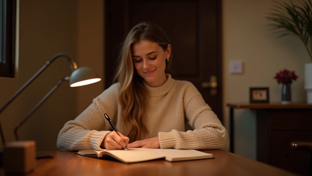 Person writing in journal during evening, warm lamp light, peaceful expression, focused on page