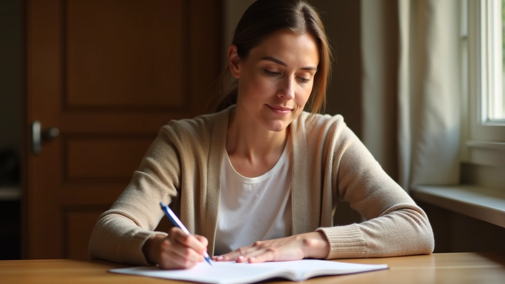 Person writing appreciation note at desk, thoughtful expression, handwritten letter visible, warm indoor lighting