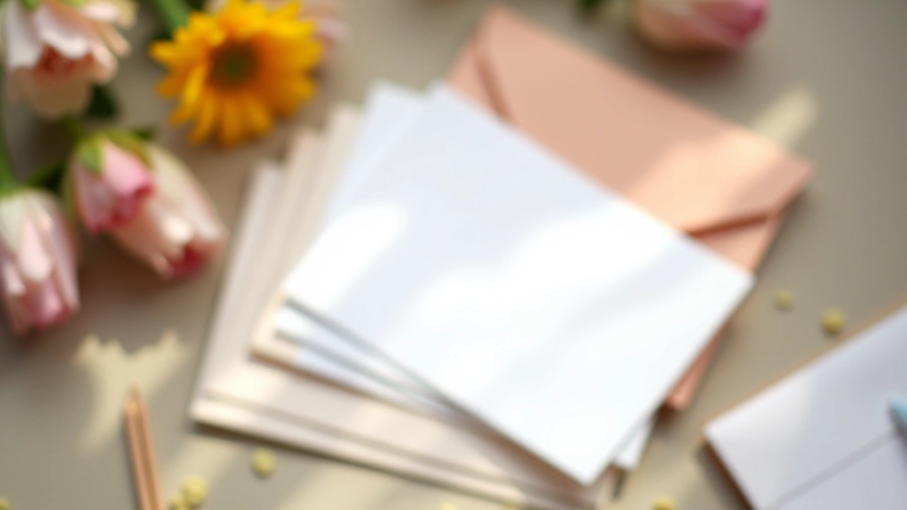 Stack of handwritten cards and envelopes on desk with flowers, soft natural lighting, flat lay composition