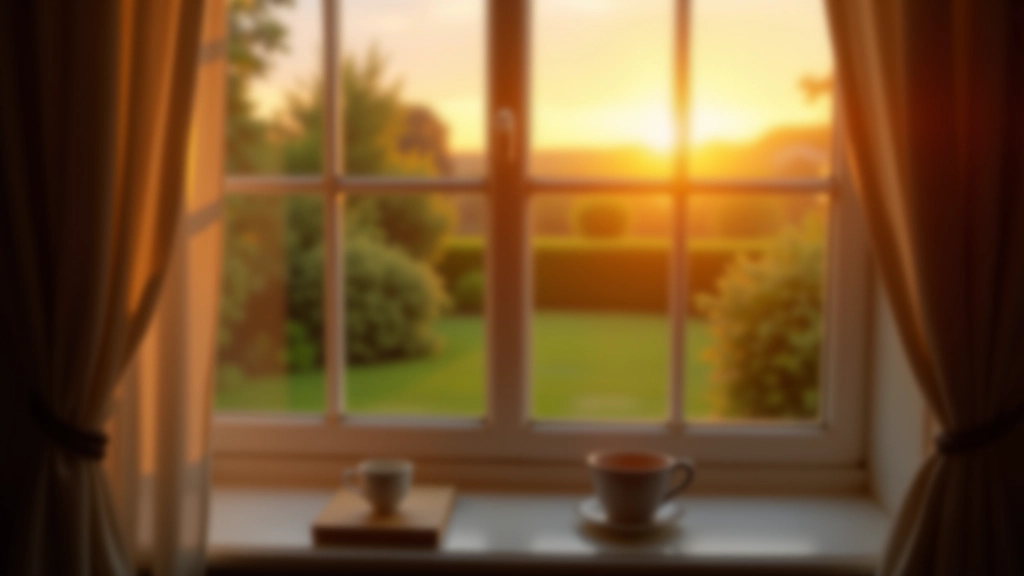 Open window at dusk with golden hour light, peaceful garden view, empty coffee cup on sill