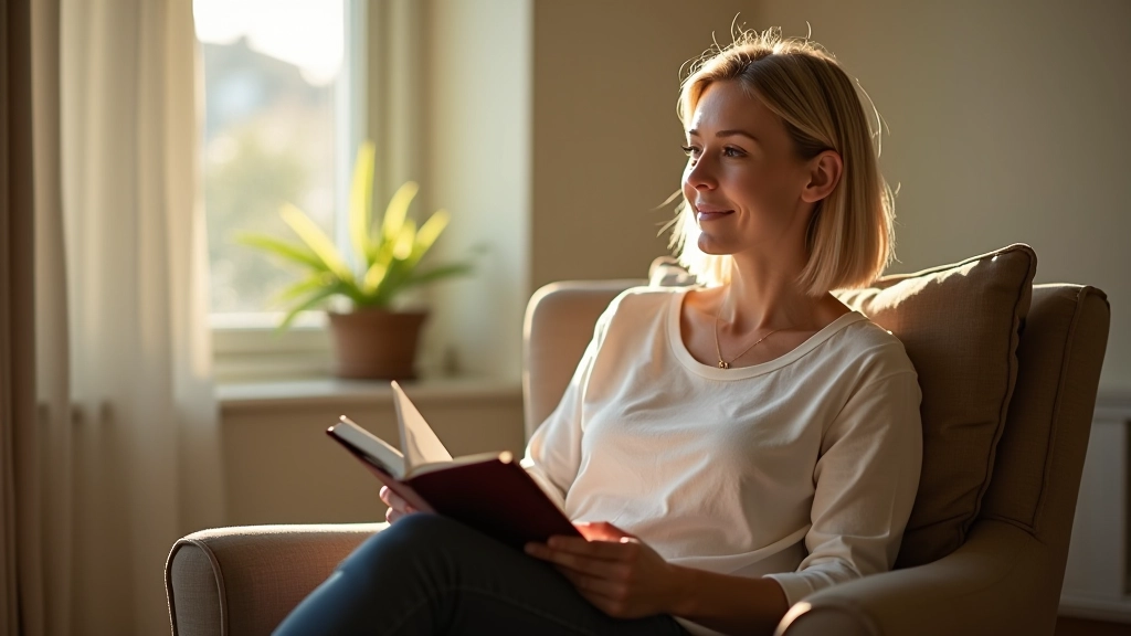 Woman sitting peacefully with journal in comfortable home setting, morning light through window
